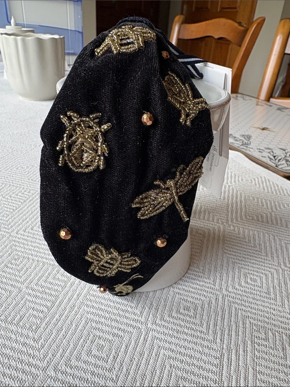 Joules Black Knotted Headband with Gold Bead Embroidery